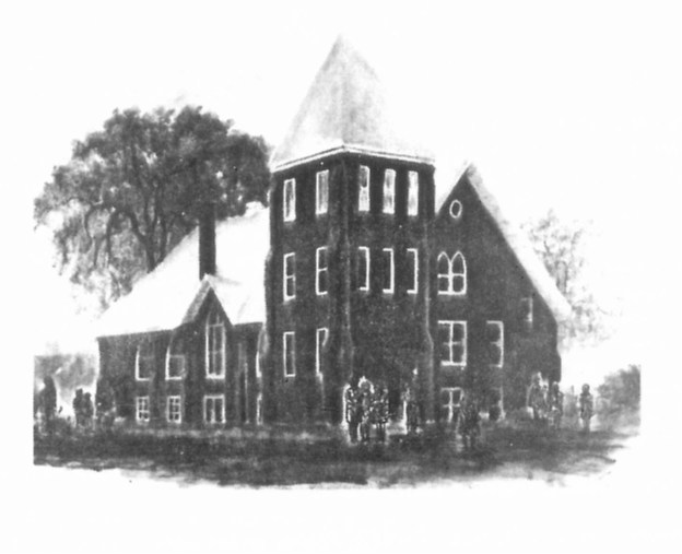 An artists drawing of our church building at the corner of Burdick and Ransom